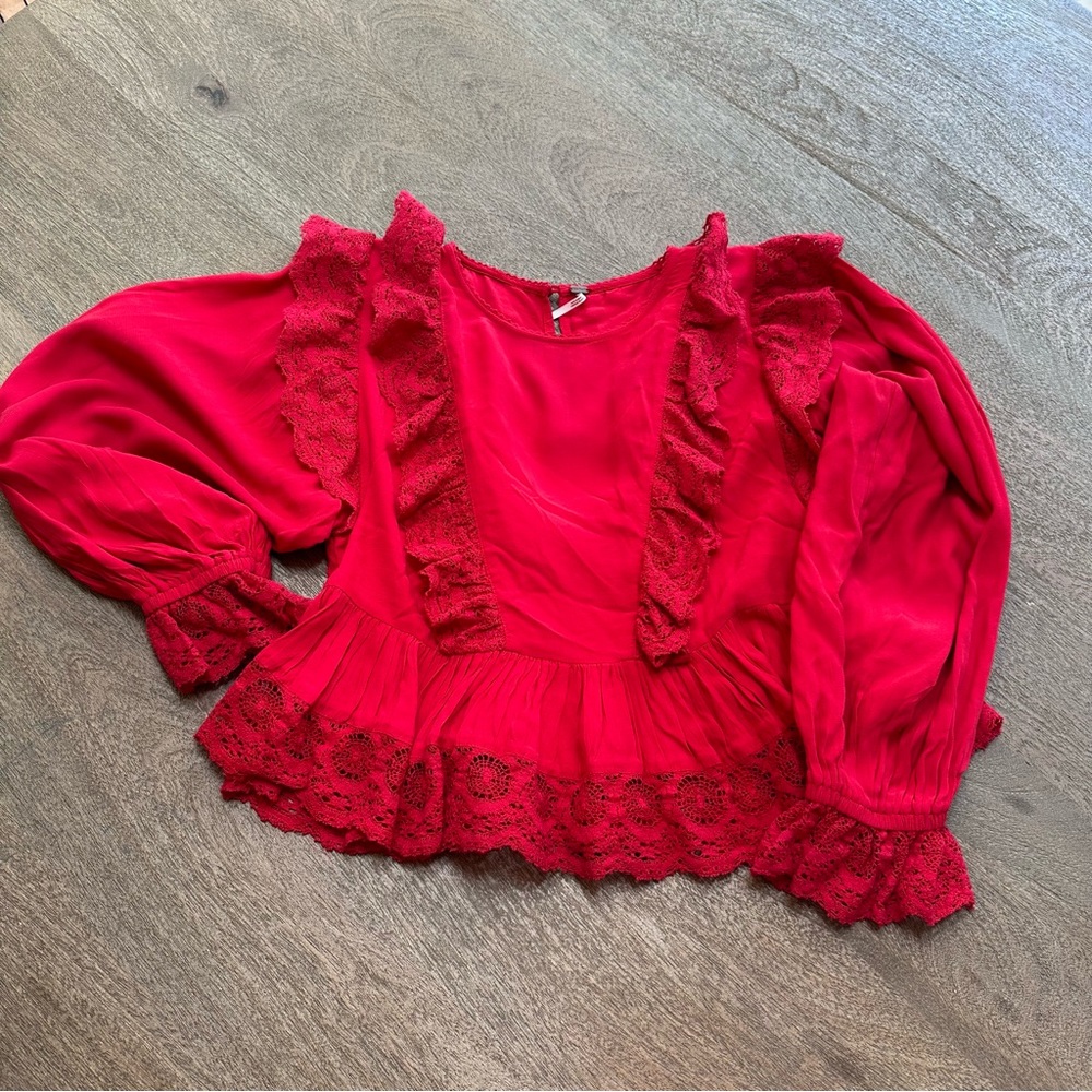 Free People Pheasant Blouse Puff Sleeves Boho XS